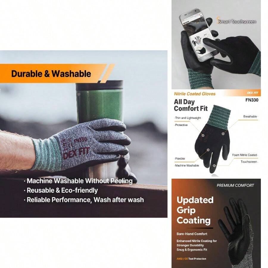 DEX FIT Nitrile Work Gloves FN330, 1 Pair, 3D-Comfort Stretchy Fit, Firm Grip, Lightweight, Screen Compatible, Durable, Breathable Cool, Washable; Black (8) - A - View 1