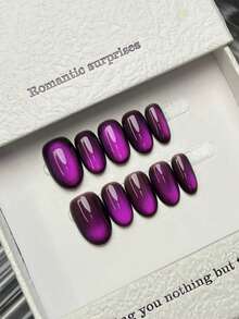 10pcs Handmade Oval Nail Tips, DIY Press-On Nails, Acrylic Short Purple Gradient Cat Eye Minimalist Summer Fake Nails, Suitable For Party, Daily, Date, Office, Vacation, Gift For Women And Girls - Purple - View 3