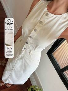 Vestido de mezclilla casual de mujer con cuello redondo y sin mangas, vestido de verano - Beis - Ver 1