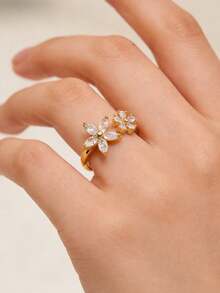 Juego de 5 anillos de mujer de aleación de cobre con incrustaciones de circonita cúbica en forma de hoja y flor, de lujo, exquisitos y ajustables, abiertos, para fiesta, reunión, vacaciones y baile (caja de regalo no incluida) - Amarillo Oro - Ver 6