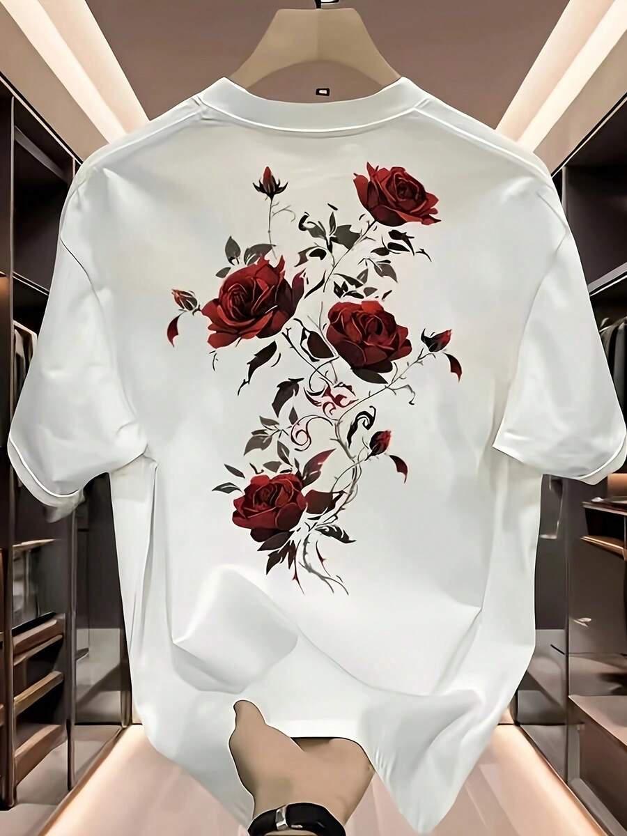 Camiseta de hombre de algodón grueso, con estampado de rosas rojas, cuello redondo y mangas cortas, ideal para uso informal, deportivo y semiformal. - Blanco - Ver 1