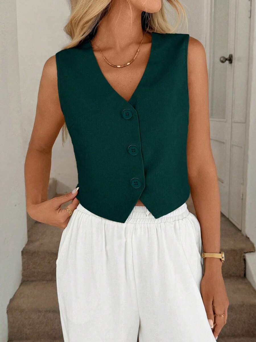 Chaleco negro, chaqueta fina, blusa de oficina para mujer - Verde 3 - Ver 1