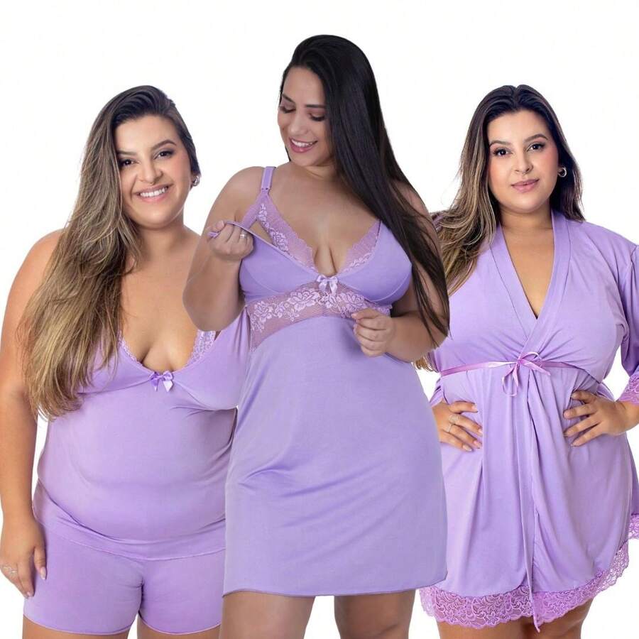 Plus Size 3-Piece Maternity Kit: Baby Doll, Nursing Nightgown, And Robe - 紫丁香色 - 查看 1