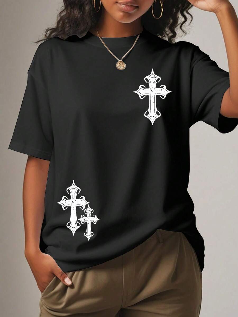 T-Shirt With Cross Print, Round Neck, Graphic T-Shirts For Women. - Black - View 1