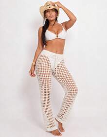 Knitted Beach Cover-Up Pants With Elastic Tie-Up Fishnet - White - View 2