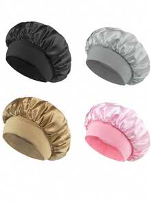 4 piezas Turbante de satén de unicolor con ala ancha, hecho de satén suave y tela de algodón elástico, estilo minimalista versátil, viene con banda elástica de unicolor, anti-frizz y transpirable, adecuado para dormir, SPA y Ramadán, múltiples colores disponibles - Multicolor - Ver 12