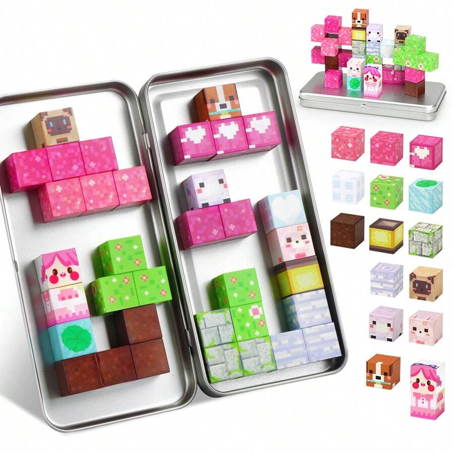 Juego de 35 piezas de bloques magnéticos cúbicos con caja de hierro portátil, bloques magnéticos DIY de ensamblaje libre para niños de 3+ años, juguetes educativos de educación temprana para niños y niñas, entrenamiento de concentración para bebés, modelo de ensamblaje hecho a mano, opción de regalo de cumpleaños y vacaciones, bloques magnéticos de viaje - Multicolor - Ver 1