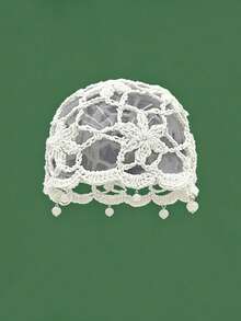 OBOVAY 1Pc Women's Bohemian Style Hollow Flower Crochet Hat, Fashionable Knitted Beanies Cap, Versatile Retro Pearl Fringed Pullover Hat,Suitable For Daily Wear,Spring And Summer Travel. - Multicolor - View 5