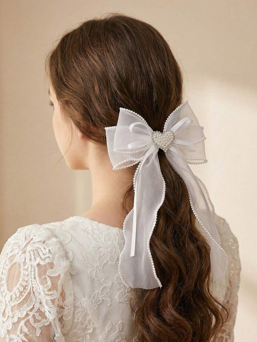 1件女款優雅珍珠白心形網紗蝴蝶結水鑽髮夾，附長緞帶尾，適合日常、節慶、婚禮、派對場合 - 白色 - 查看 1