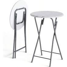 Foldable Marble Effect 60cm Round Bar Table Height 110cm Easy Care White Side Table For Cocktail Dining High Garden Patio Balcony Terrace - 白色大理石紋理效果 - 查看 5