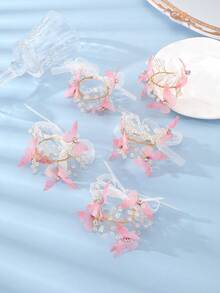 1pc/5pcs Vintage Elegant Pink Tulle Butterfly Wrist Corsage Bridal Wedding Accessory - Multicolor - View 2
