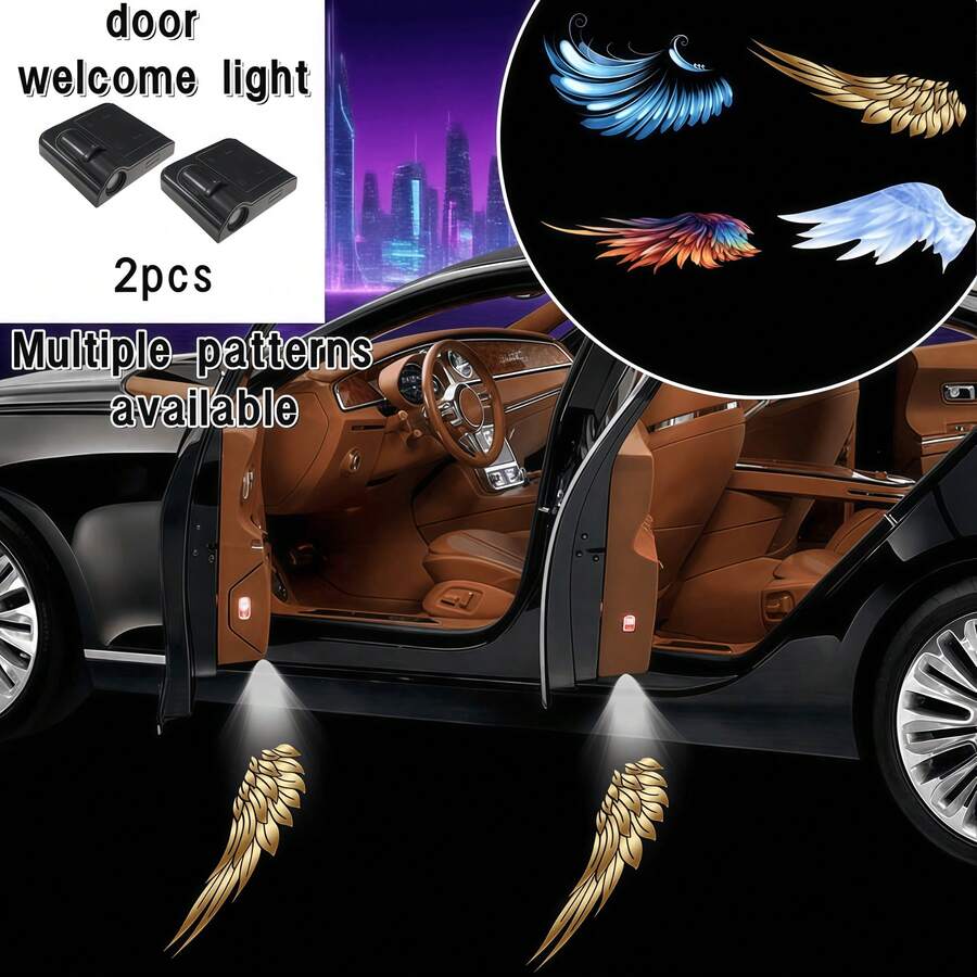 2件組天使之翼汽車車門歡迎燈 - 無線LED車門投影燈，高清酷炫之翼標誌地圖燈，無需接線安裝，適用於大多數汽車，時尚汽車內飾配件，不含電池，車迷的完美禮物