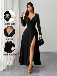 xheRafferiza Vestido de fiesta de manga larga, cuello en V, elástico y ajustado en color negro elegante para mujer. Diseño versátil y elegante con abertura, tela para otoño. Ideal para citas, fiestas, discotecas, calles, Halloween, San Valentín, cumpleaños, invitada de boda, vestido elegante, atuendo para concierto country.xhe - Multicolor - Ver 1
