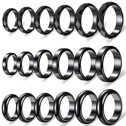 3 Styles Black Hematite Rings Set, Polished Faceted/Smooth/Matte Plain Band Rings, Unisex Stackable Finger Rings For Daily Casual Wear, Party Jewelry Gifts