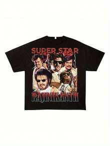 Men Rajinikanth Superstar Iconic Actor Print T Shirt - Black Casual Short Sleeve Shirt T Shirt,Features A Bright Digital Thumb Pattern,Suitable For  Movie Fans,Machine Washable Crew Neck Top,Four Seasons Comfortable. - Black - View 1