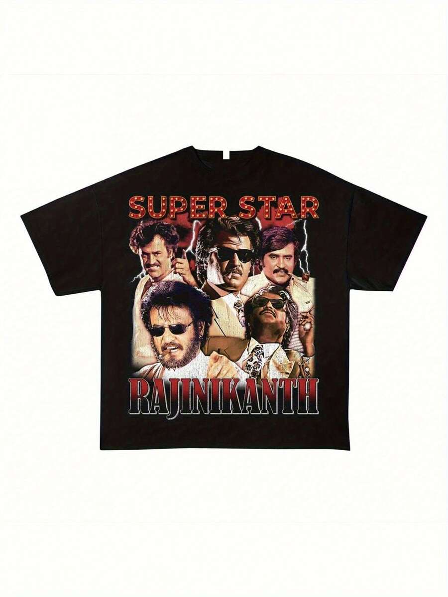 Men Rajinikanth Superstar Iconic Actor Print T Shirt - Black Casual Short Sleeve Shirt T Shirt,Features A Bright Digital Thumb Pattern,Suitable For  Movie Fans,Machine Washable Crew Neck Top,Four Seasons Comfortable. - Black - View 1