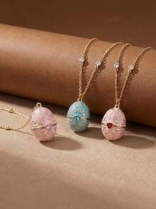 1pc New Exquisite Easter Egg Necklace, Delicate High-End Design, Openable. Inlaid With Cubic Zirconia. Oil Drip Craft. 14K Gold Plated Copper Necklace. Openable Design. Suitable For Wives And Mothers To Wear. Easily Match Girls' Daily Clothing Accessories, Beach Vacation Parties, Music Festivals, Travel And Sightseeing Occasions. Charming Women's Jewelry. Women's Necklace. Small Accessories. - Multicolor - View 6