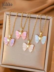 Hihho [1pc]Gentle Style Iridescent Mother Of Pearl Bow Necklace, Multiple Colors Available, Elegant Design, Versatile For Any Occasion, Suitable For Daily Commute, Weekend Dates, Travel Photos, Pairs Well With T-Shirts, Camisoles, And Dresses - Bow - View 9