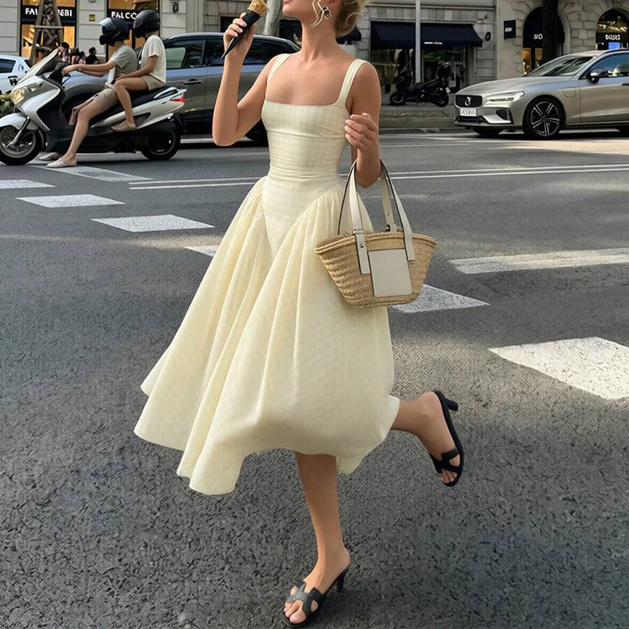 New Spring & Early Summer Women's Dress, Retro Polka Dot Strapless Elegant Dress - 30541-黃色 - 查看 1