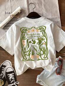Minimalist. 100% Cotton. 1 Piece. [Double-Sided Printing]Women's Pure Cotton T-Shirt, Vintage Style, Cow Print, Floral Print. Ready For The New Seasons. Printed, Casual, Crew Neck, Short Sleeve, Spring/Summer Top. [Yang K]. Spring/Summer Top - 白色 - 查看 3
