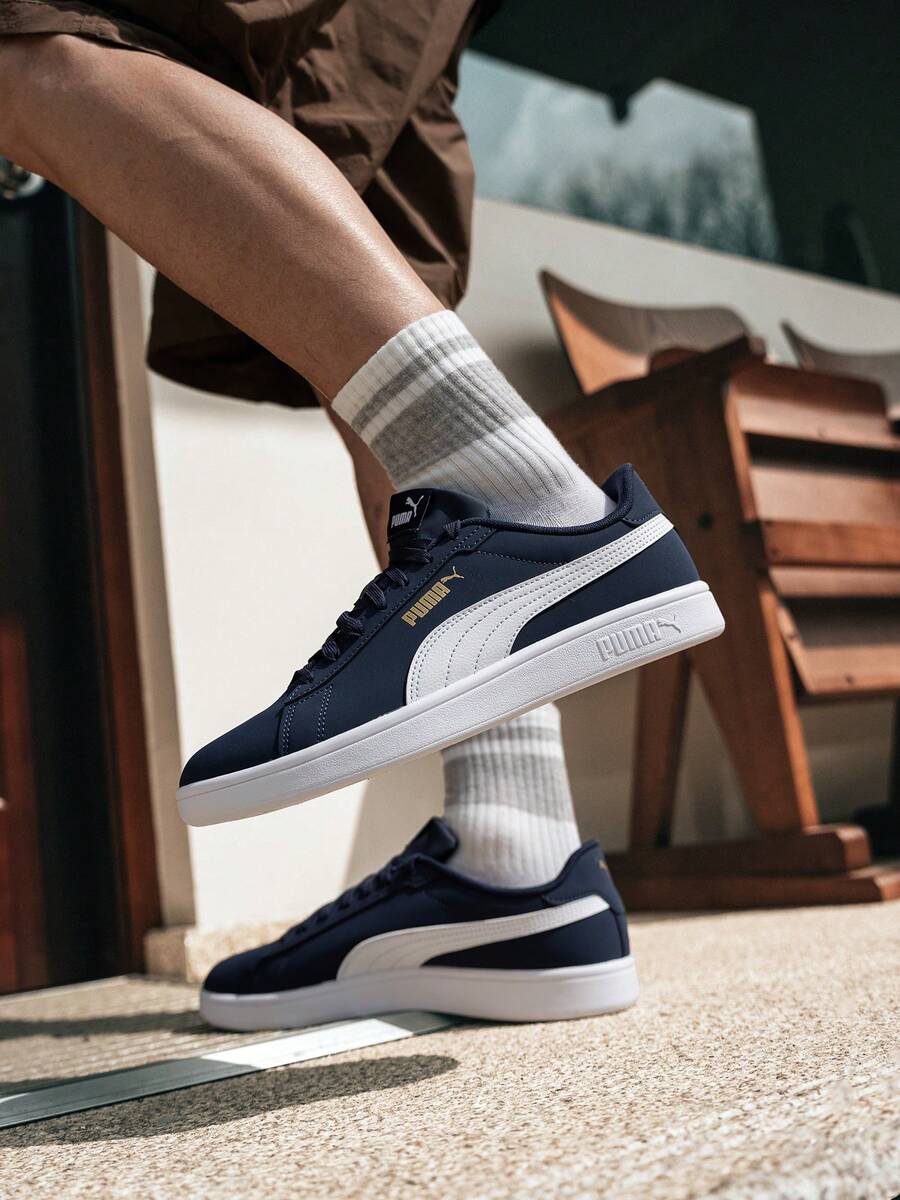 Puma 中性款新 Smash 3.0 扣帶運動鞋，低筒輕量舒適休閒鞋，392336-03 - 海軍藍-彪馬白-金色 - 查看 1