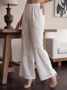 Vintage Bohemian Style Beach Cover-Up Pants, White Lace Trim Embroidered Pants, Suitable For Summer Beach And Travel - White - View 2
