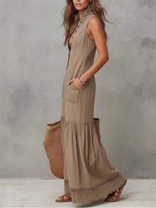 Sleeveless Jumpsuit With Buttons And Trim 2026 - 卡其色 - 查看 4
