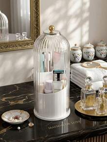 Slide Cover Storage Box, Back-To-School, School Supplies, With Sliding Cover, 3 Compartments Dust-Proof Storage Box, Suitable For Toothbrushes And Makeup Brushes, 360° Rotating White Countertop Dresser Storage, Anti-Slip Drainage Design - Multicolor - View 2