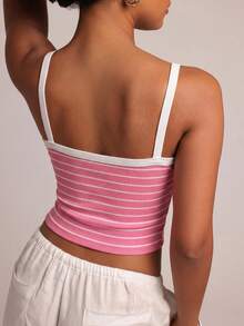 TCVC Women's Seamless Striped Ribbed Tank Top, Contrast Trim Wide Strap Scoop Neck Cropped Cami, For Casual Layering Y2K Vintage Wear Sports - Pink - View 3