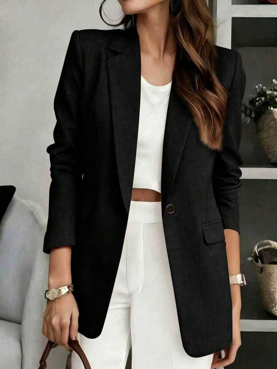 Women's Solid V-Neck Long Sleeve Blazer – Single Breasted Lightweight Jacket , Remote Work, Daily, Spring Summer Fall Winter, Thin Coat Black - Black - View 1