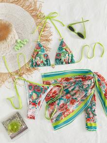 Bộ bikini nữ Onefish 2026 họa tiết hoa, dây buộc cổ, bộ bikini thanh lịch, đồ đi biển nữ, đồ bơi nữ, kỳ nghỉ hè - màu xanh lá - Xem 2