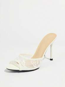 Women's High Heel Sandals, Lace Mesh, Spring/Summer Elegant Style, Unique Pattern, Wide Strap, Peep Toe, Mule Slippers, High-End Mirror Finish, Soft Skin-Friendly Texture, Noble, Professional, Romantic, White, Nightclub, Party, Runway, Wedding, Date, Travel, Vacation, Valentine's Day Gift, Mother's Day, Women's Day, Thanksgiving, Spring Festival, New Year Women's Shoes - White - View 4