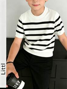 Boys' Classic Black And White Striped Knit Short Sleeve T-Shirt, Round Neck Slim Fit Basic Casual Summer Children's Knit Top - White - View 1