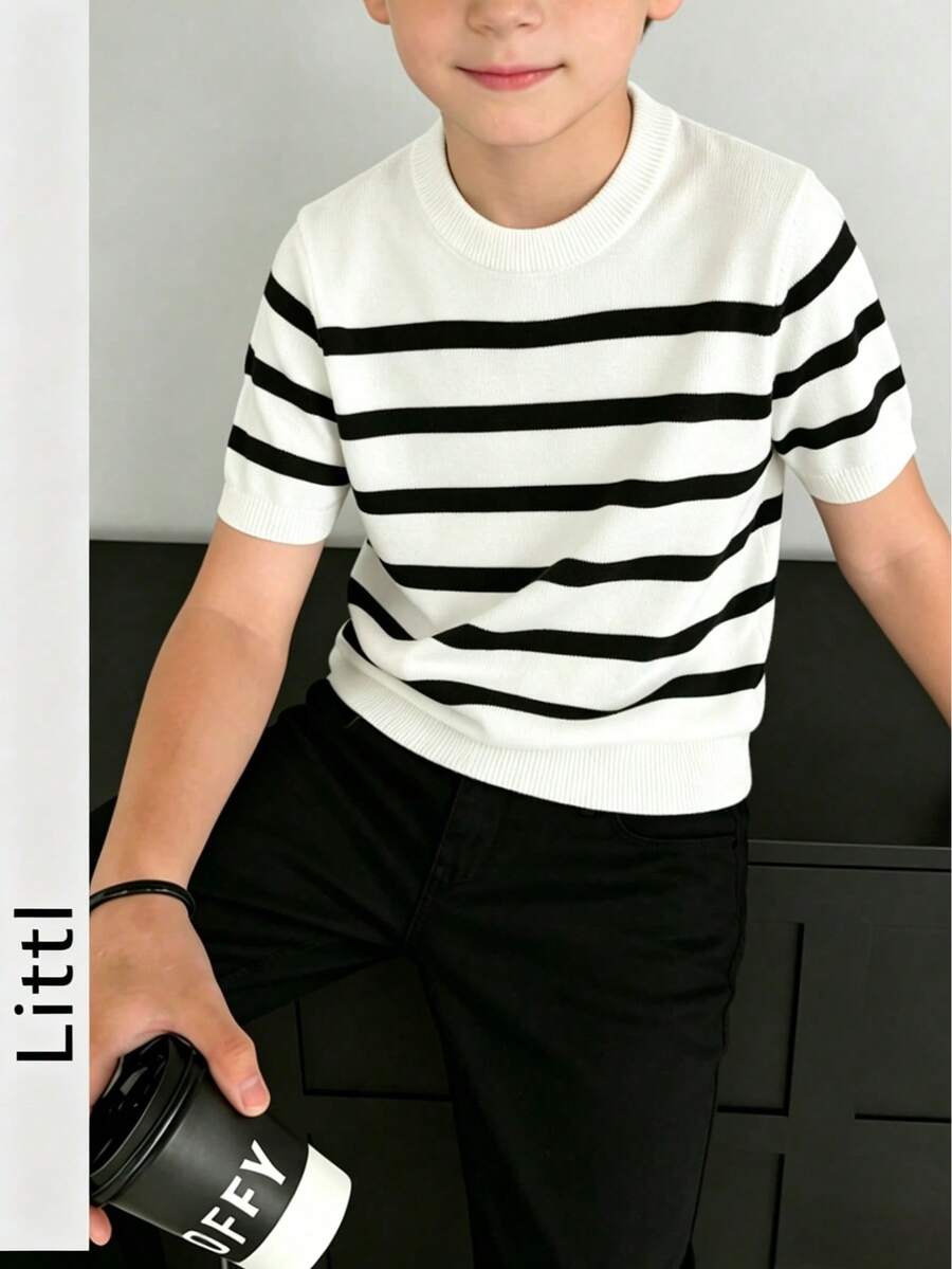 Boys' Classic Black And White Striped Knit Short Sleeve T-Shirt, Round Neck Slim Fit Basic Casual Summer Children's Knit Top - White - View 1