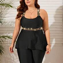 LunaCass8 Swim Lushoire Conjunto De Bikini De Talla Grande Con Panel De Bloque De Color Y Tirantes Anchos Con Top Y Pantalones Cortos Estilo Tanque - Negro01 - Ver 6
