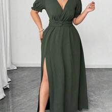 guangzhougaolangshangmao  Vestido largo con abertura lateral, cintura ceñida, manga abullonada y cuello en V para mujer talla grande, elegante y digno, para primavera/verano - Verde - Ver 5