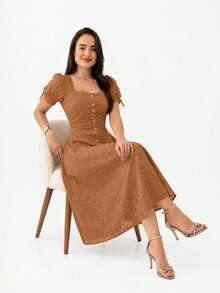 Women's VALENTINE Midi Dress, Vintage Caramel Color With Short Puff Sleeves, A-Line Silhouette And Front Button Closure. - 駝色 - 查看 2