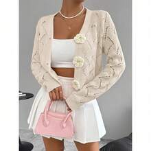 [Floral Crochet Cardigan] Spring 2026 Spring/Summer Women's Handcrafted 3D Floral Embellishment Western Fashion Elegant Solid Lace Crochet Cardigan Top Jacket Women's, Suitable For Daily Wear And Commuting, Spring Outing, All Seasons, Versatile Style - Màu be - Xem 10