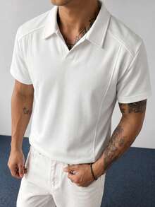 1pc Blueprint Man Men's Polo Shirt, White Collarless Polo Shirt With Seam Splitting Design, Breathable Knit Fabric, Wrinkle-Resistant, Casual Business Short Sleeve For Daily Commute And Business Attire - White - View 4