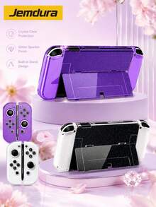 1套亮面透明保護殼，適用於Nintendo Switch OLED，可對接充電，可拆卸左右Joy-Con蓋，適合Switch玩家的理想禮物 - 彩色 - 查看 1