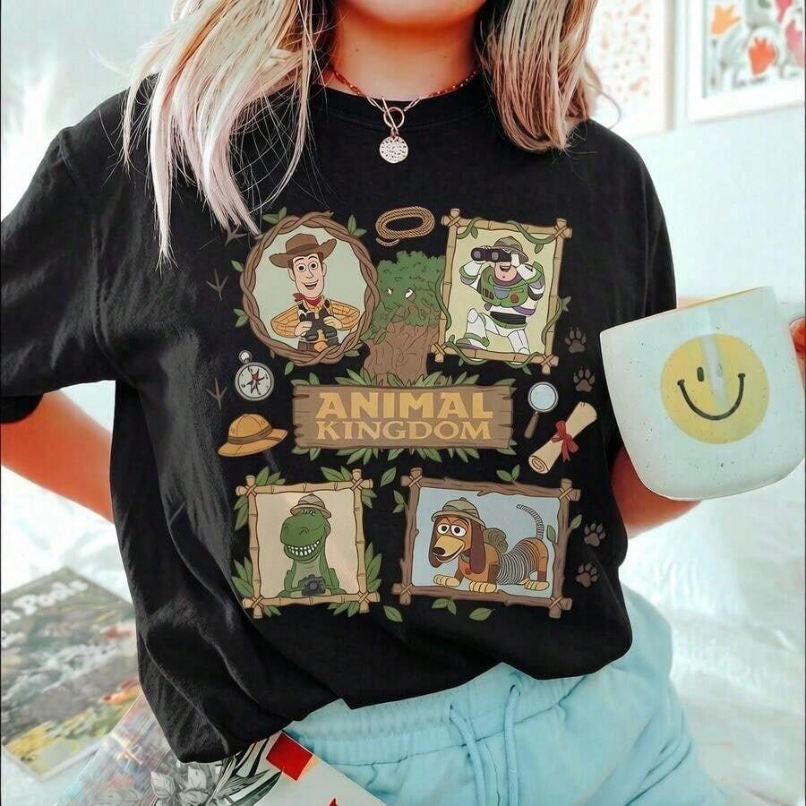 Disney Women's T-Shirt 1PC Licensed "Bamboo‑Framed Toy Story Woody Buzz Rex Slinky Dog Animal Kingdom Safari... | Camiseta 100% algodón Disney - Negro - Ver 1