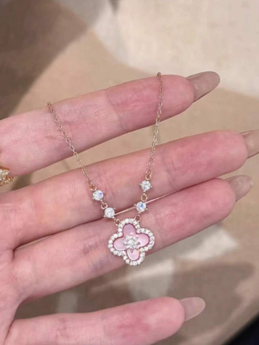 1件裝粉色貝殼四葉草項鍊女款,時尚小眾輕奢設計感鎖骨鍊,個性化高級質感 - 彩色 - 查看 1