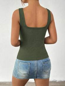 Vaiaye Women's Solid Color Square Neck Fitted Casual Camisole, Minimalist Retro Solid Color Vest, Summer Fashion Backless Knit Camisole, Casual Versatile, Suitable For Work Commute - Army Green - View 2