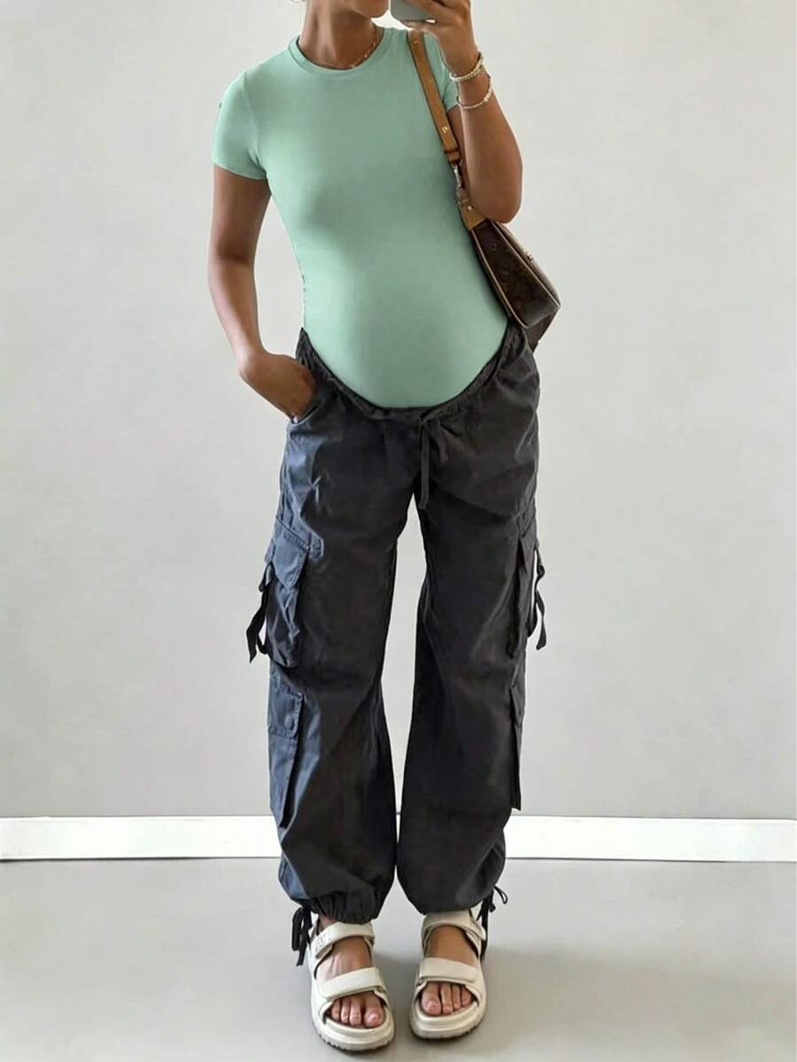 Maternity Bodysuit, Solid Color Round Neck, Minimalist Versatile Slim Fit Summer - Mint Blue - View 1
