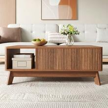 Coffee Table With Lifting Mechanism, Wavy Design, Open Side Compartment, MDF Material, Modern Style - Brown - View 7