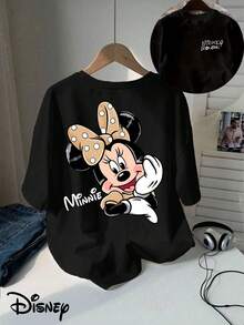Officially Licensed By Disney With Minnie Mouse Polka Dot Bow Cute Printed Graphics. 100% Cotton Loose Casual Tee, Soft, Breathable And Comfortable Fabric. Unisex Crew Neck Short Sleeve T-Shirt. - 黑色 - 查看 1