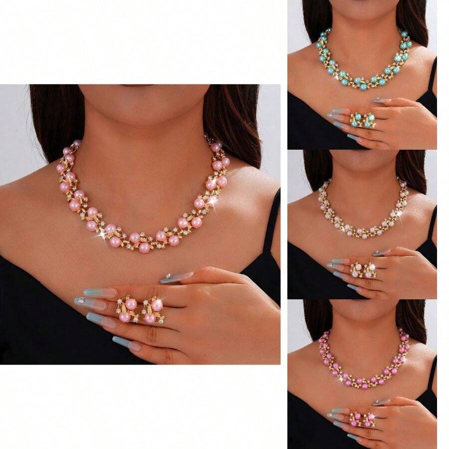 Fashionable Dopamine Multi-Color Earrings Necklace For Women Versatile Banquet Wedding Bridal Jewelry Set Decoration Retail - Purple - View 1