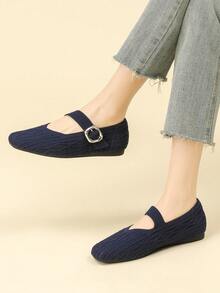 Giày búp bê Mary Jane dệt kim màu xanh navy mới 2026, giày ballet nữ mũi vuông bằng vải dệt kim thoải mái, đế mềm đa năng cho đi làm và mặc thường ngày - Màu xanh lam - Xem 4