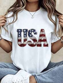 Camiseta de mujer con diseño de bandera de Estados Unidos y brillos, diseño de bandera de Estados Unidos, manga corta, cuello redondo, casual, atuendo para el 4 de julio para mujeres. - Blanco - Ver 1