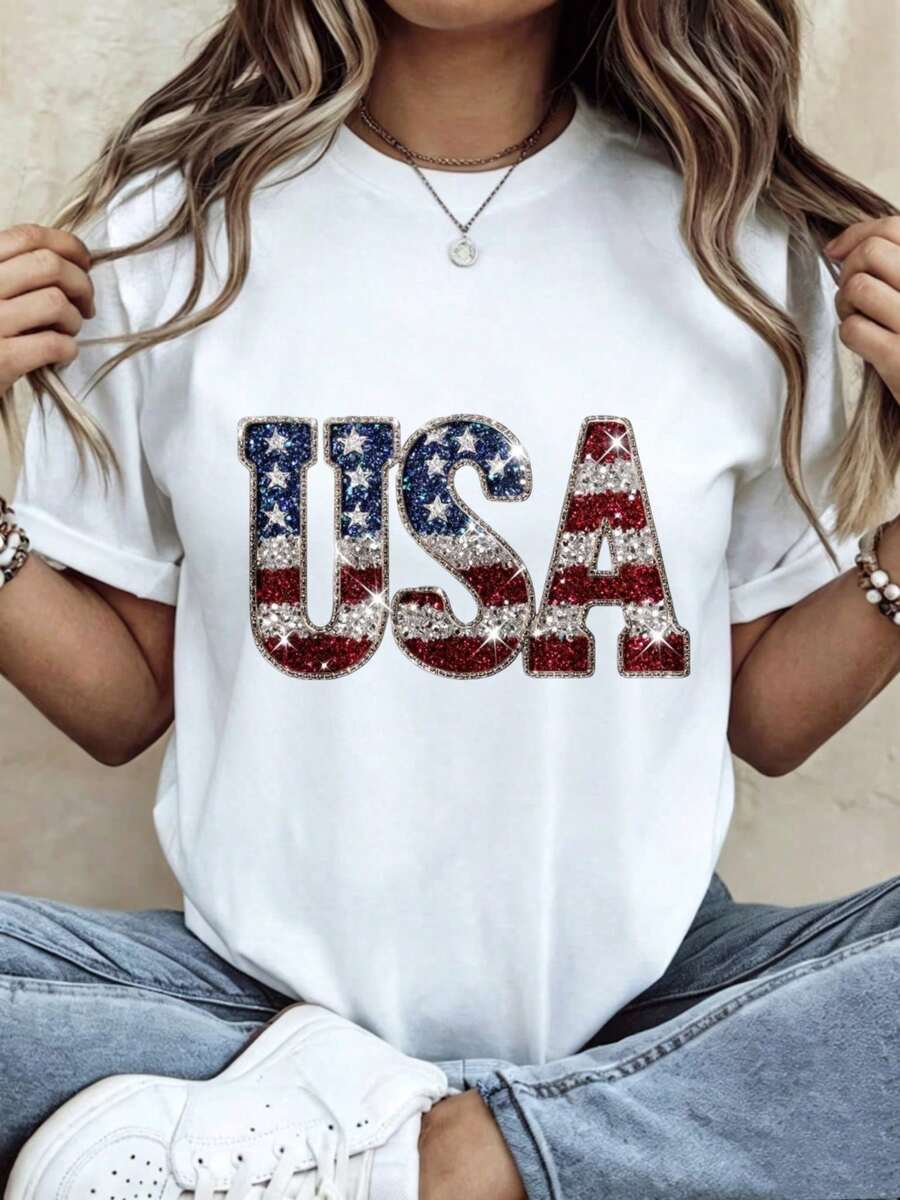 Camiseta de mujer con diseño de bandera de Estados Unidos y brillos, diseño de bandera de Estados Unidos, manga corta, cuello redondo, casual, atuendo para el 4 de julio para mujeres. - Blanco - Ver 1